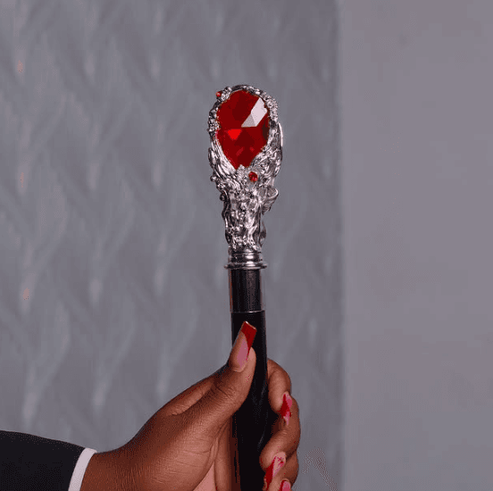 Black ceremonial cane with an ornate silver-coloured handle and red decorative stone