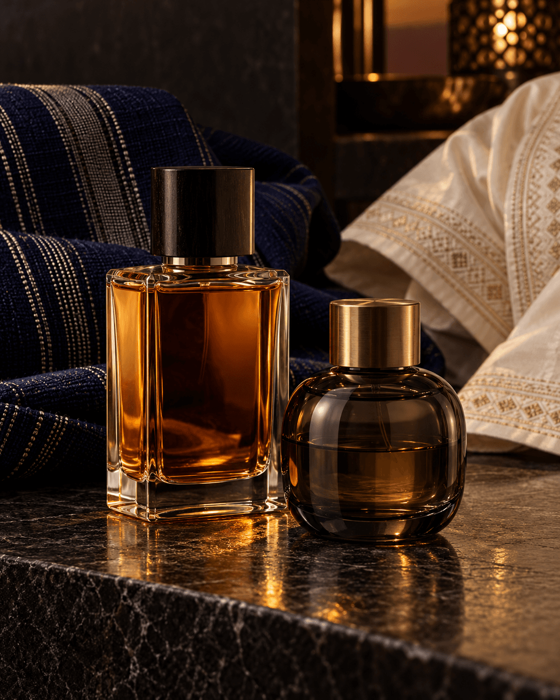 Amber and smoky glass fragrance bottles beside indigo cloth and an ivory embroidered kaftan