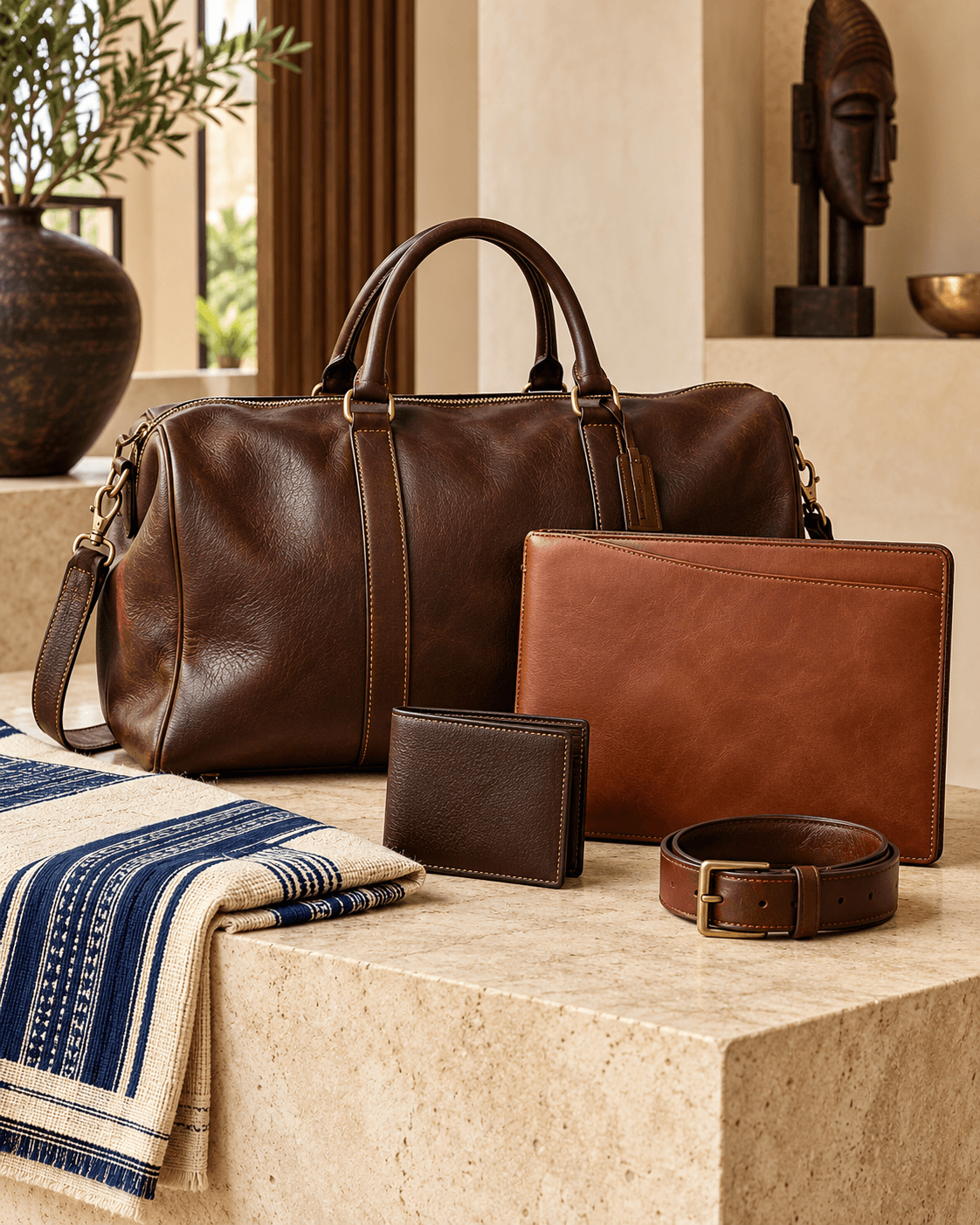Chestnut leather travel bag, document folio, wallet, and belt arranged beside a striped textile