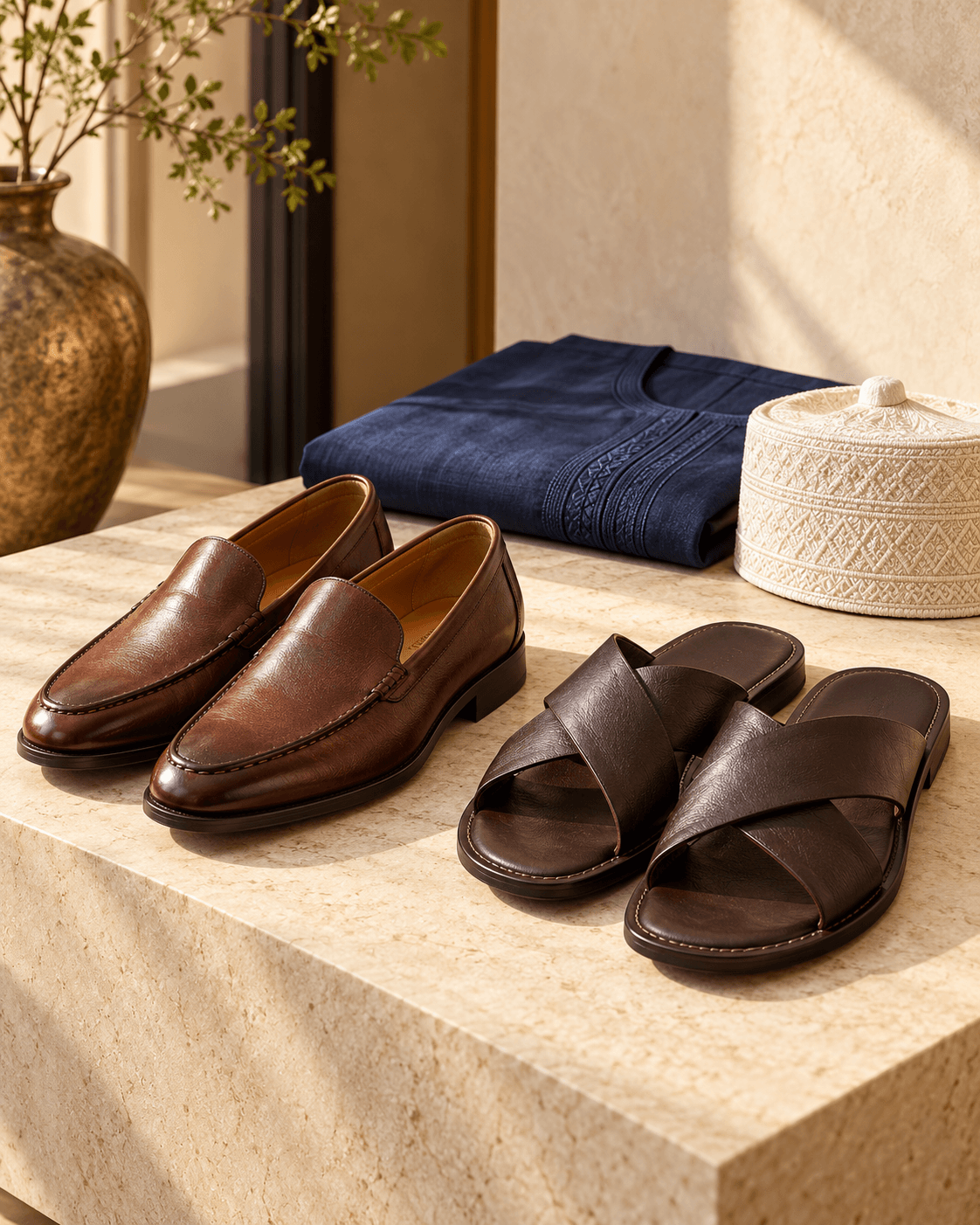 Brown loafers and cross-strap leather sandals styled with navy cloth and an embroidered native cap