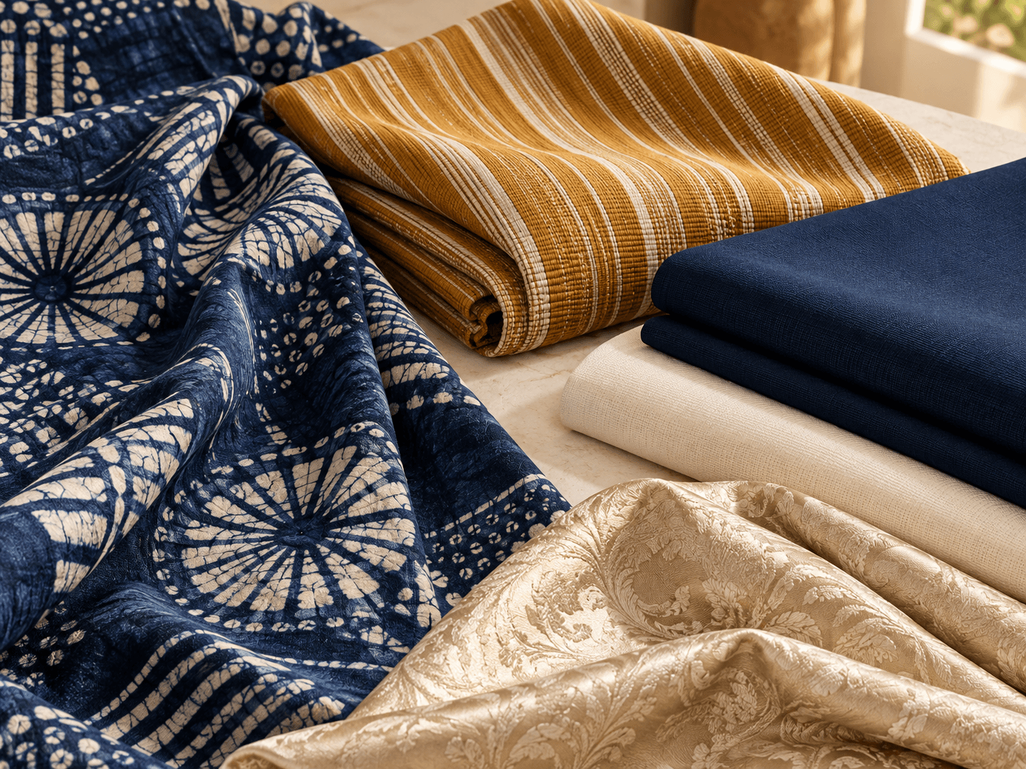 Indigo patterned cloth, striped aso-oke-style weaving, navy and ivory plain fabrics, and champagne brocade