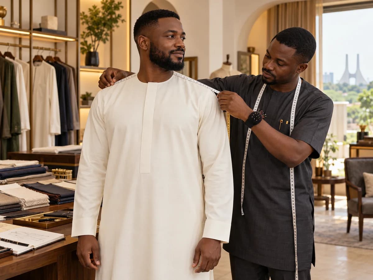 Black tailor measuring a client's shoulders during a Nigerian native-wear consultation