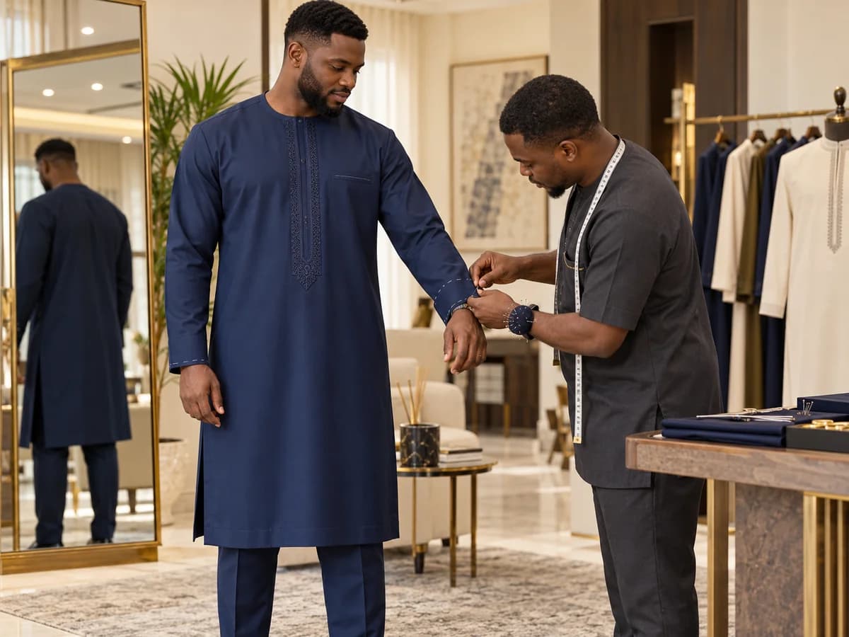 Black tailor adjusting the sleeve of a navy kaftan worn by a Black male client